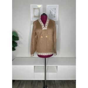 Alpaca Sweater Women's L V-neck Tassel Brown Knit Artesania Regional